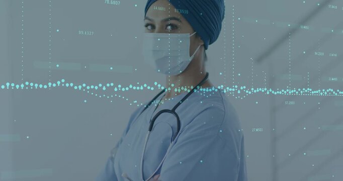 Doctor turning head as medical overlay appearing, showing mask and blue waveform to show care