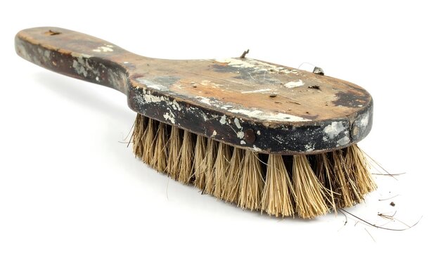Old, used brush with a wooden handle and stiff bristles against a white background
