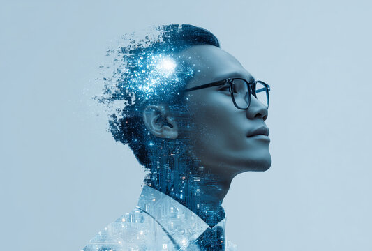 double exposure of a business person and a robot with a holographic brain, an asian male model wearing glasses on a blue background