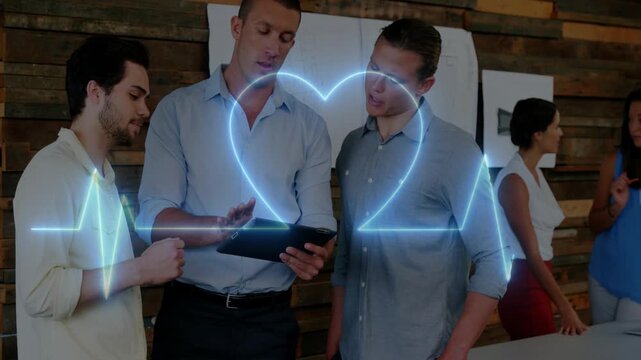 Center man tapping tablet, launching ECG line forming heart above three men, showing health app