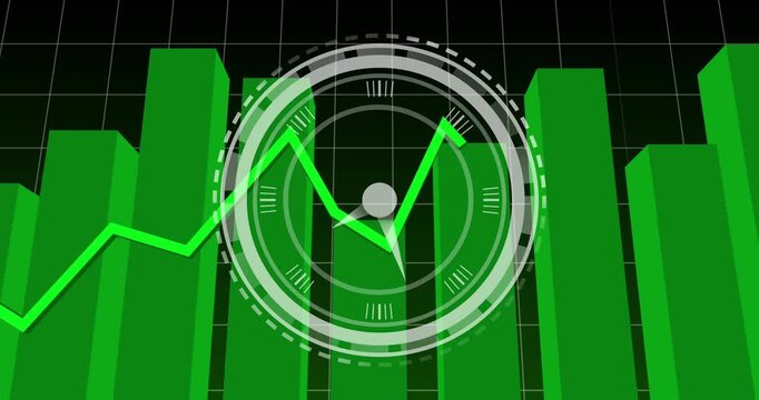 HUD appearing, centering triggers neon line drawing across 3D bars, rings rotating showing trend