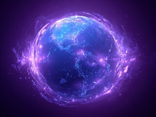 Obraz premium glowing cyan digital earth core isolated on a purple background