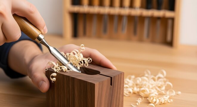 Schreiner bearbeitet edles Massivholz mit scharfem Stechbeitel