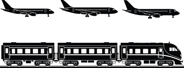 airplane, train, transport, vehicle, silhouette, aviation, railway, passenger, travel, transportation, icon, set, airplane silhouette, train silhouette, public transport, mobility, journey, © Hanif World