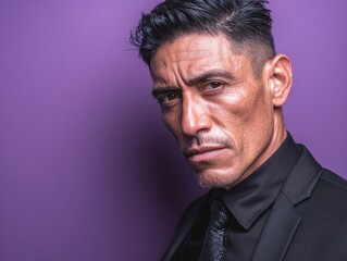 Fototapeta premium latino man in black suit serious expression isolated on a purple background