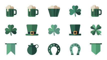 Obraz premium Festive St. Patrick's Day themed icons with beer mugs, shamrocks, hats, and horseshoes.