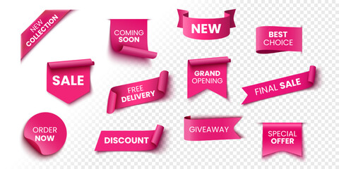 Best choice, order now, special offer sale banners. Pink ribbons, tags and stickers. Vector illustration.