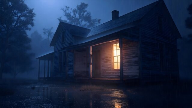 Eerie wooden house at night with a single lit window and misty atmosphere