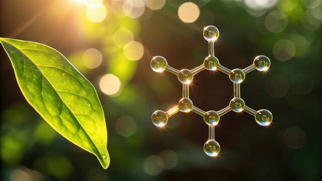 Molecular structure of benzene ring with green leaf in natural environment