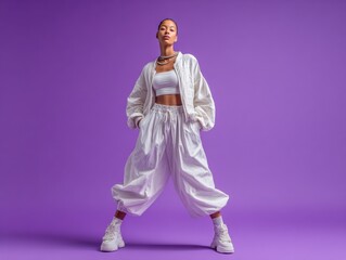 multiracial model in white minimalist outfit isolated on a purple background