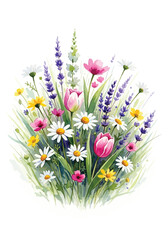 A charming watercolor bouquet showcasing an assortment of colorful wild meadow flowers like daisies, tulips, and lavender.