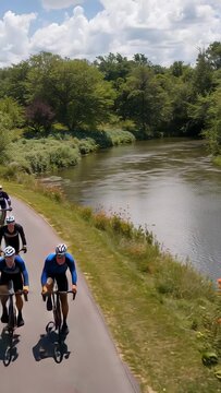 Vertical video: Tracking drone following group riding river path for training, jerseys, copy space