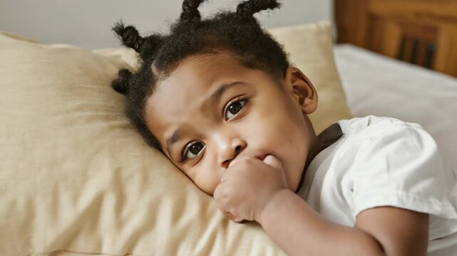Anxious Young Boy Lying on Bed, Biting Fingernails, Expressing Worry and Concern - Portrait of Childhood Stress and Emotional Wellbeing