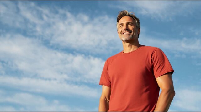 Confident mature man checking his fitness tracker after a workout session against a blue sky