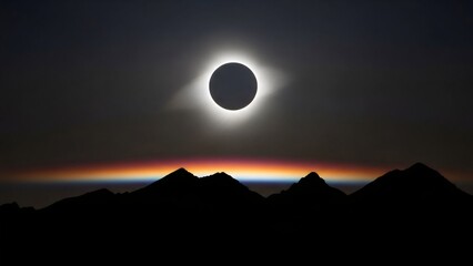 Fototapeta premium Spectacular solar eclipse over mountain range, with vibrant atmospheric colors visible during totality, a celestial event of profound beauty and scientific wonder
