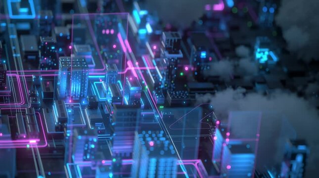 Ultra-detailed isometric 3D animation cloud computing network, servers datacenter connected to IoT devices and laptops, streams glowing data particles flowing nodes, luminous digital synchronization