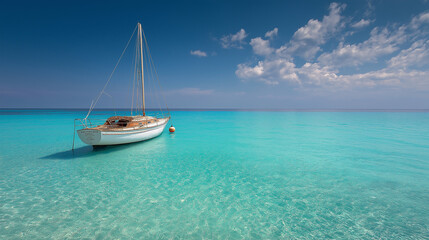 Small sailboat floating on calm turquoise sea under bright summer sky