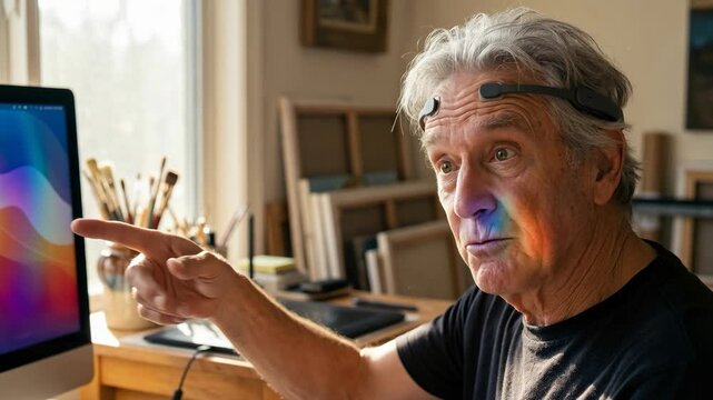Elderly man wearing brain sensor headband points desktop screen sunlit art studio thoughtful