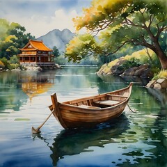 Obraz premium Watercolor painting of an empty wooden boat on a quiet river, Japanese landscape with traditional house
