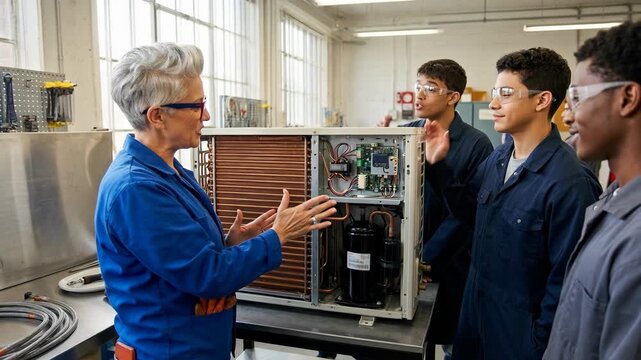 Experienced instructor demonstrating refrigeration unit circuit, compressor and coils training