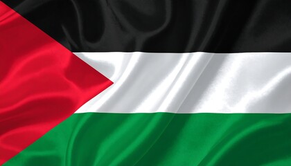 Fototapeta premium Palestinian flag with red triangle, black, white, and green bands. Wavy silk texture adds depth to the image