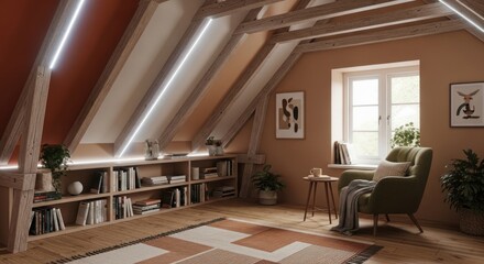Obraz premium Cozy attic interior with bookshelves and armchair under sloping roof