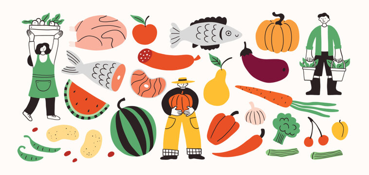 Local market food set. Farm agricultural workers or local farmers hold bucket and sell local food at market. Hand drawn simple ink vector illustration. Farming, agriculture or local organic production