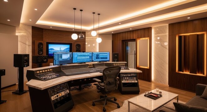 Modern recording studio with professional audio equipment and monitors
