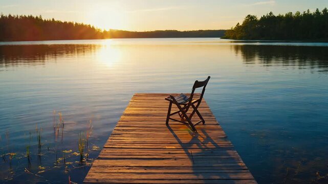 Serene lakeside wooden dock with a single chair reflecting sunset, peaceful rural scene, tranquil water, summer relaxation, nature.