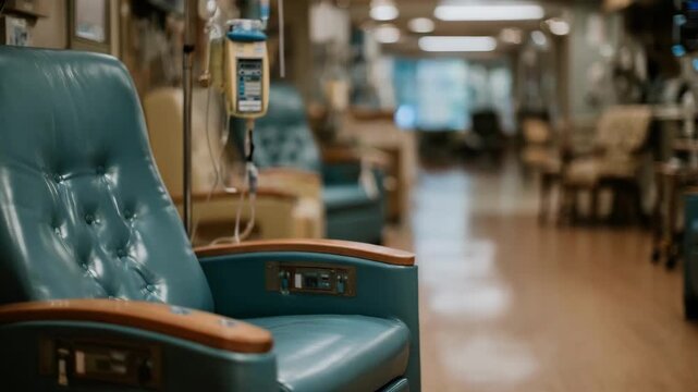 Focused view on infusion chair and IV pole in rheumatology outpatient bay with monitoring equipment gently out of focus conveying serene therapeutic setting.