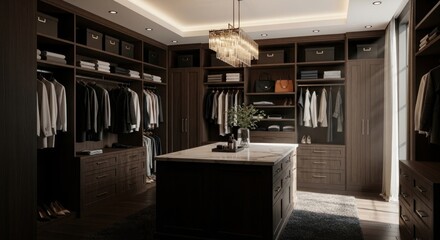 Obraz premium Elegant walk in closet with stylish clothes and organized storage space
