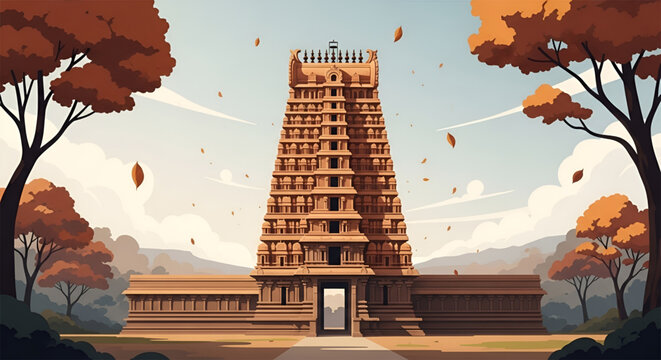 Majestic tamil temple gopuram surrounded by autumn trees during Happy Tamil New Year cultural celebration indian heritage architecture spiritual travel vector illustration