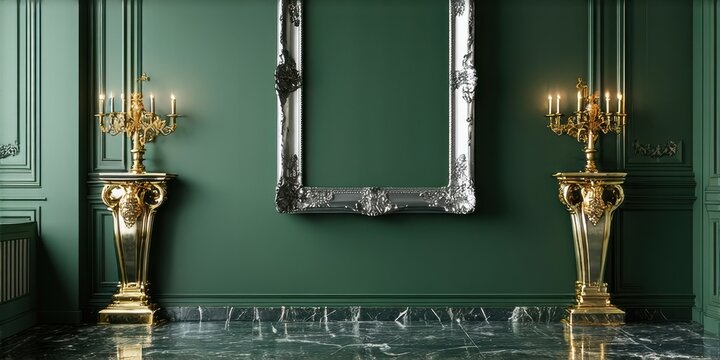 Elegant interior. Dark green walls, marble floor, ornate gold candelabras flank empty silver frame. Dramatic lighting creates luxurious mood.