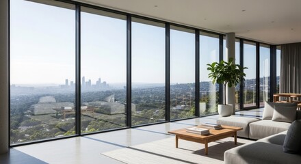 Fototapeta premium Modern living room with large windows overlooking cityscape on sunny day