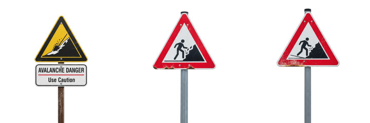 Set of Avalanche Danger and High Altitude Mountain Safety Signage Icons Transparent Background PNG