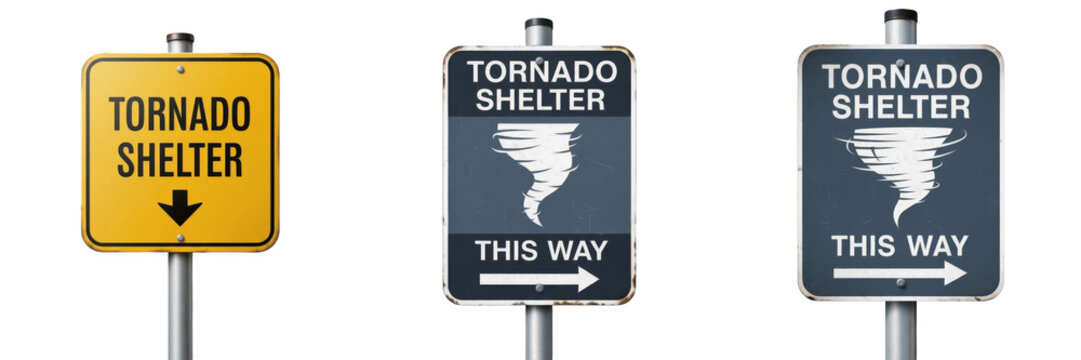 Set of Tornado Shelter Directional and Emergency Safety Signage Icons Transparent Background PNG