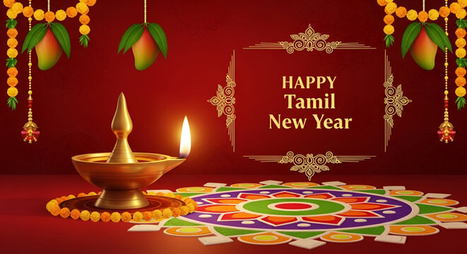 Festive tamil celebration background with lamp rangoli mango decoration for Happy Tamil New Year cultural festival greeting card indian tradition holiday vector illustration