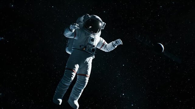 Astronaut in a spacesuit floating in outer space with a planet and stars in the background with a cinematic feel.