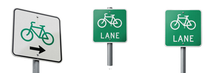 Set of Bicycle Lane Directional and Cycling Safety Roadway Signage Icons Transparent Background PNG