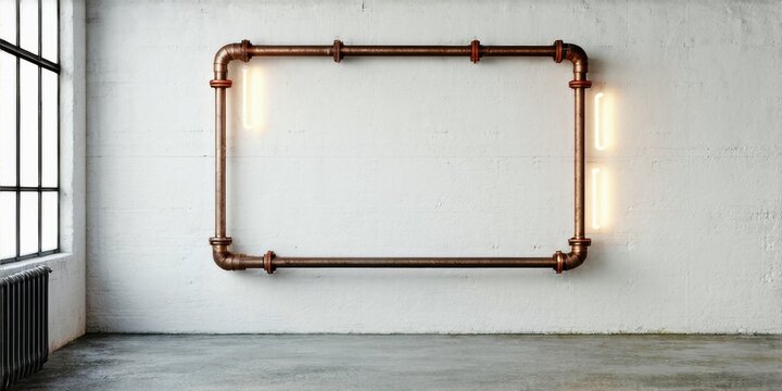 Empty room features copper pipe rectangle wall decor. Minimalist design, bright lights illuminate blank space, concrete floor visible.