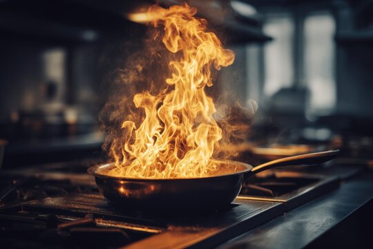 Dramatic flame in skillet on stove in professional kitchen setting