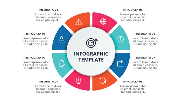 Essential infographic with 8 steps, options, parts or processes. Business data visualization.