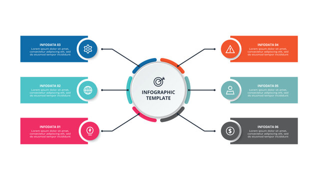 Essential infographic with 6 steps, options, parts or processes. Business data visualization.
