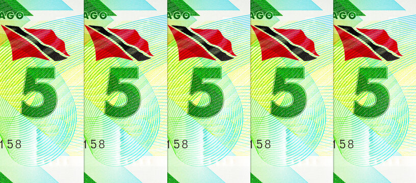 Macro detail of the Trinidad and Tobago 5 Dollar polymer banknote featuring the National Coat of Arms. Plastic money Trinidad and Tobago