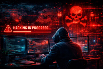 Fototapeta premium Cyber security attack concept with hacker at computer and global network interface showing malicious intrusion warning and digital threat visualization