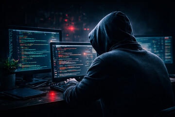 Anonymous hacker working at multiple computer monitors with programming code in dark office environment representing cybercrime cybersecurity threat