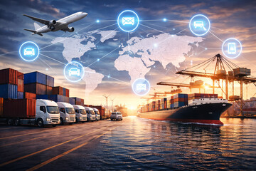 Global supply chain logistics network with cargo ship container terminal trucks and aircraft representing international trade and transport
