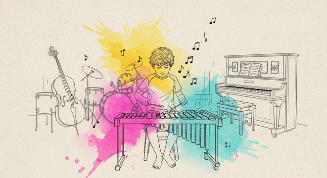 Boy playing xylophone in music room surrounded by colorful instruments  