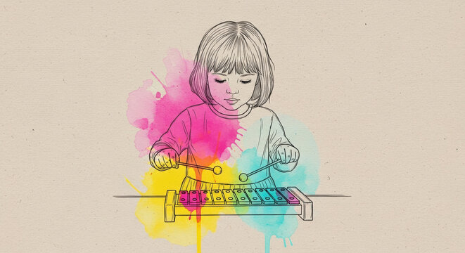 Young girl playing music on xylophone with colorful background  