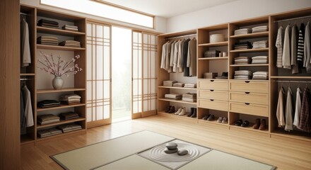 Modern walk in closet with wooden shelves and sliding doors design
